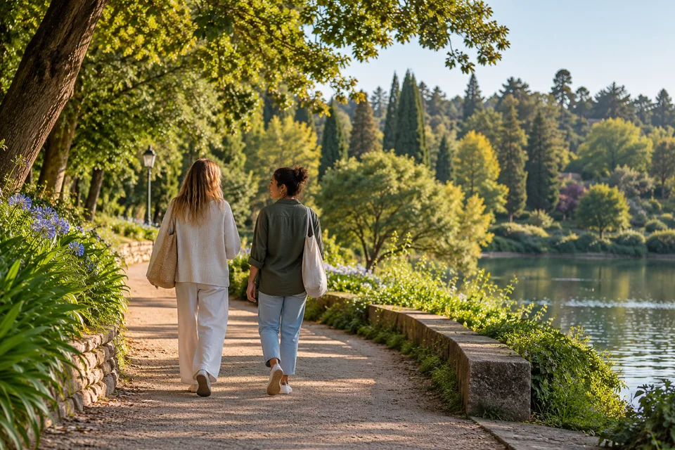 Venner på gåtur langs en grøn parksti
