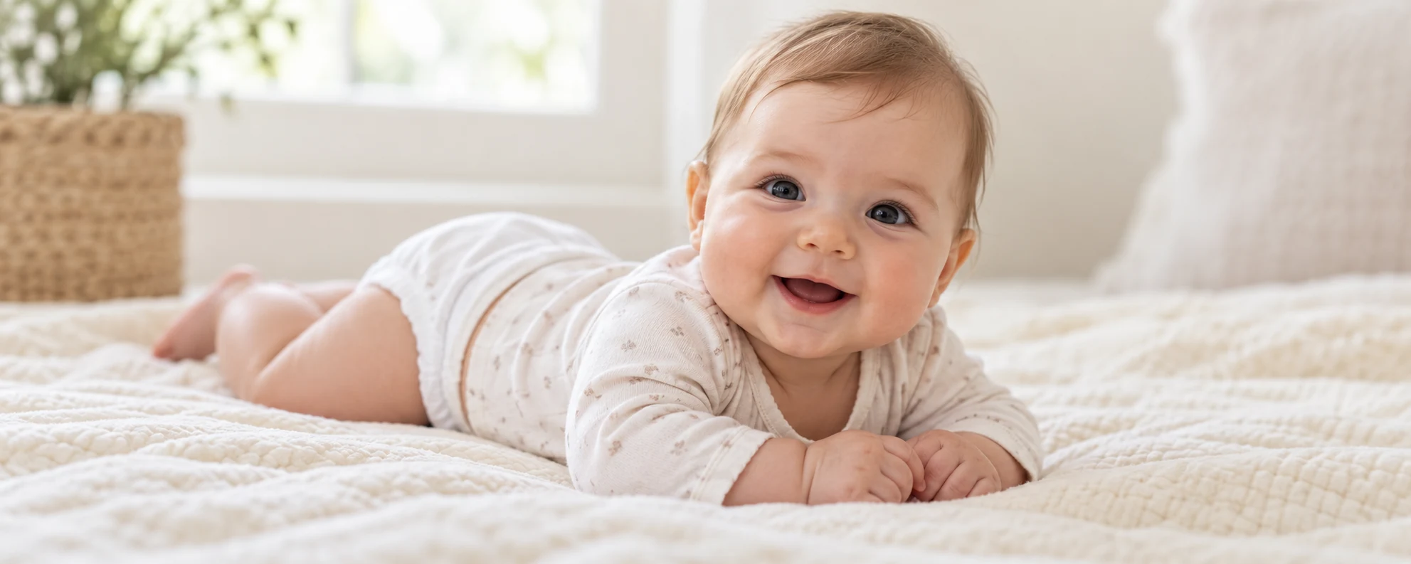 Baby i lyst tøj på et tæppe