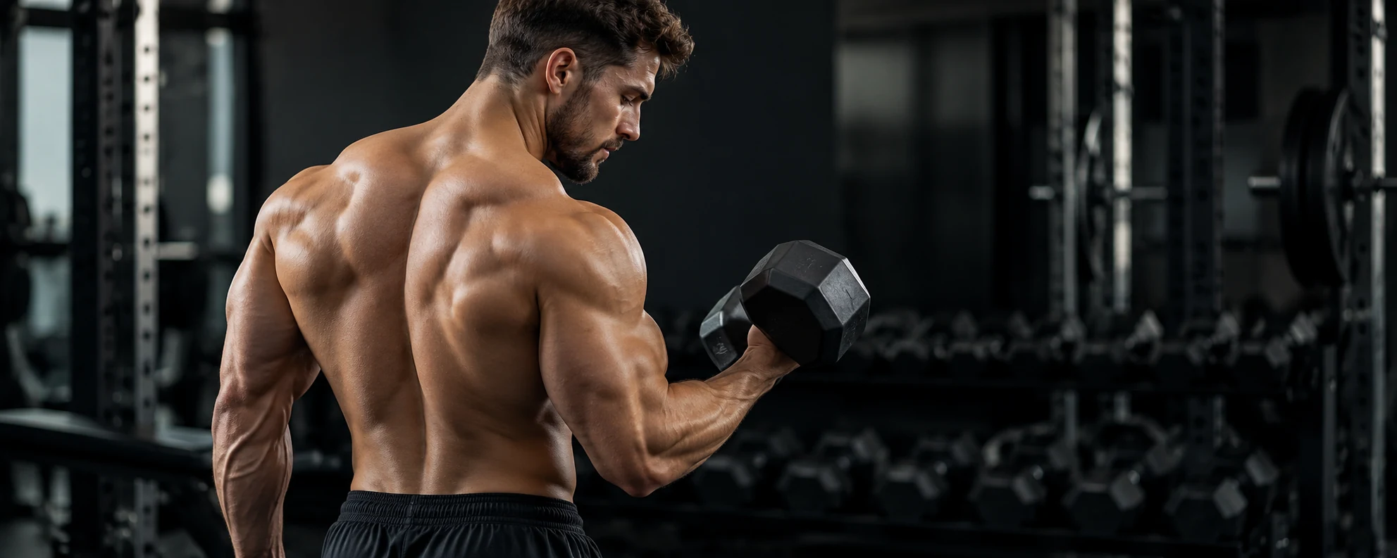 Muskuløs voksen bodybuilder, der træner med en håndvægt